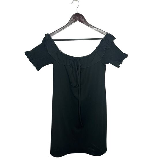 ZARA Basic Black sheath dress bow smocked short sleeve sz Large - Picture 1 of 2